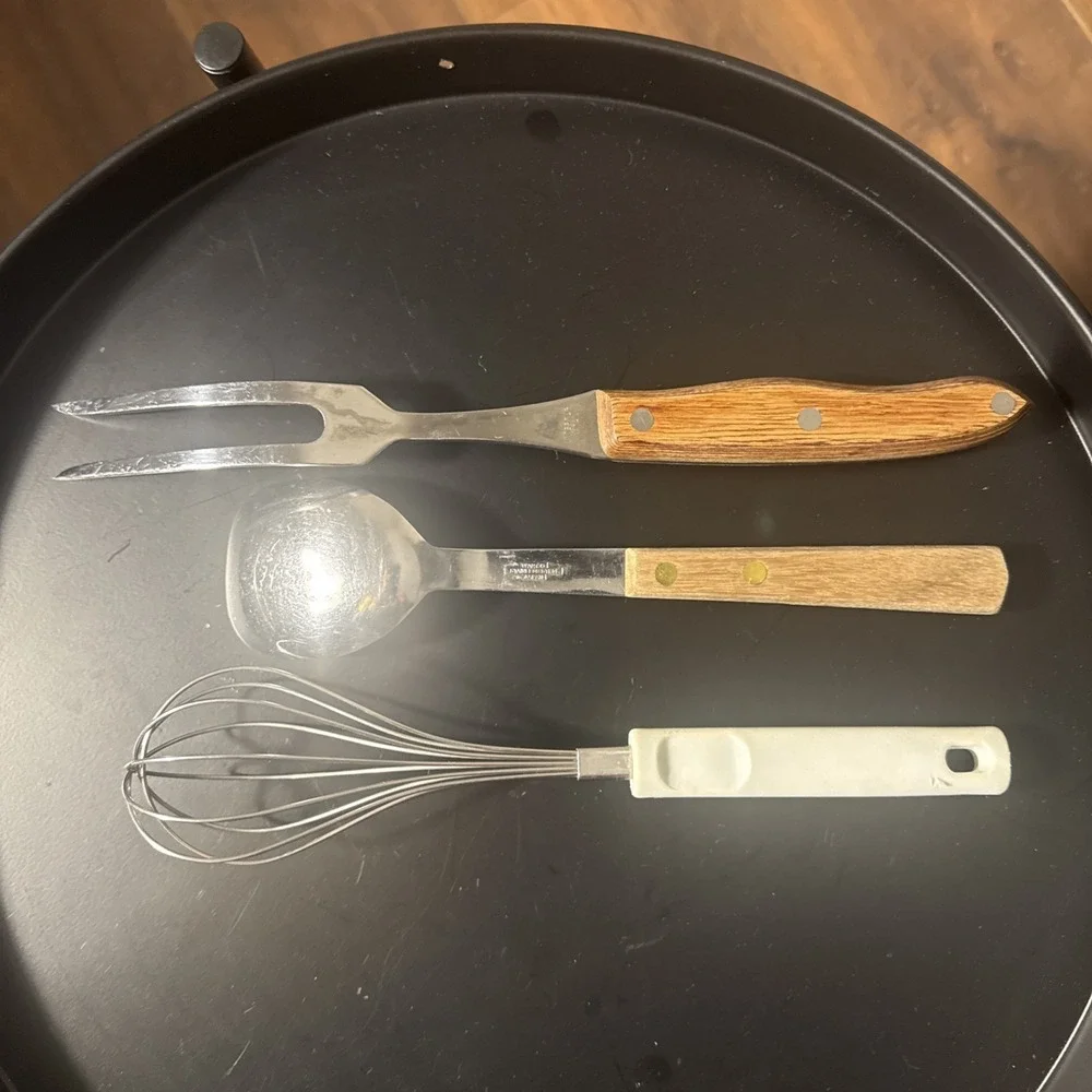 Vintage Interpur Kitchen Utensil Set Mixed Lot of 3 Wood Silver Whisk Spoon Fork